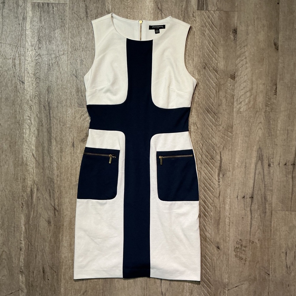Sharagano Womens Casual Sheath Dress Navy White Gold Zip Pocket Mod Size 4
